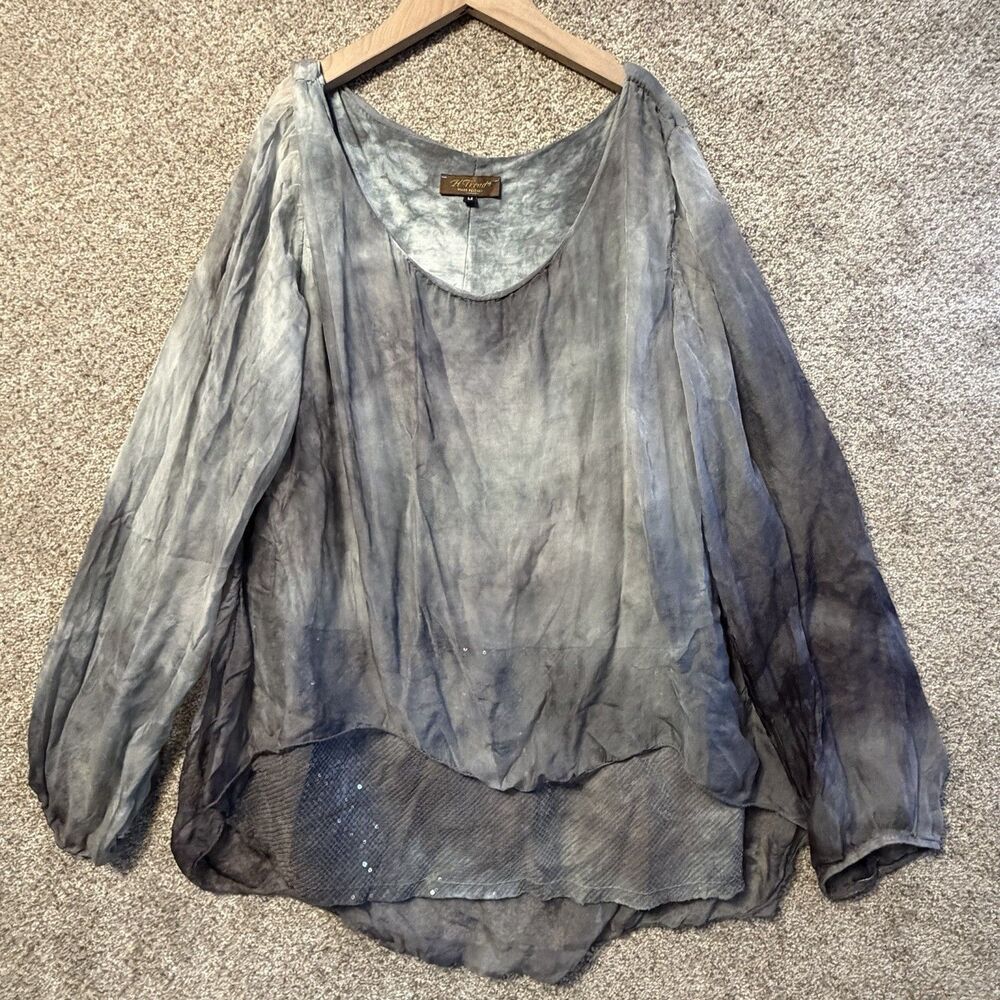 H Trend Italy Silk Tunic Top M Gray Ombre Tie Dye Layered Sequin Fairycore Boho